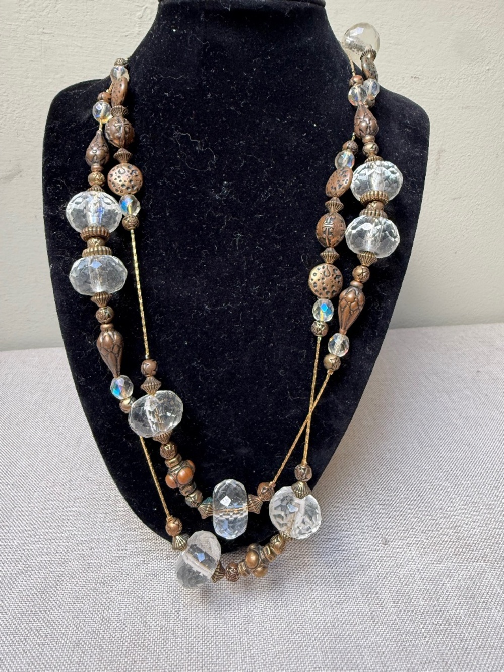Seasonal Whispers Long Gold Beaded and Crystal Necklace 44”